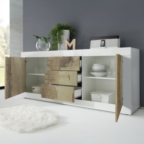 Credenza Bianco Lucido Marrone Pero 3 Cassetti 2 Ripiani 210x42x85.8h cm, 2 Ante - Pasubio