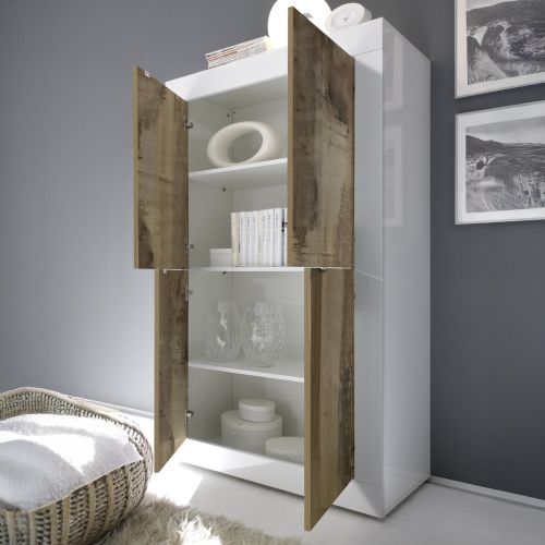Credenza Bianco Lucido Marrone Pero 3 Ripiani 4 Ante 101.4x42x161.2h cm, 4 Vani - Sampeyre