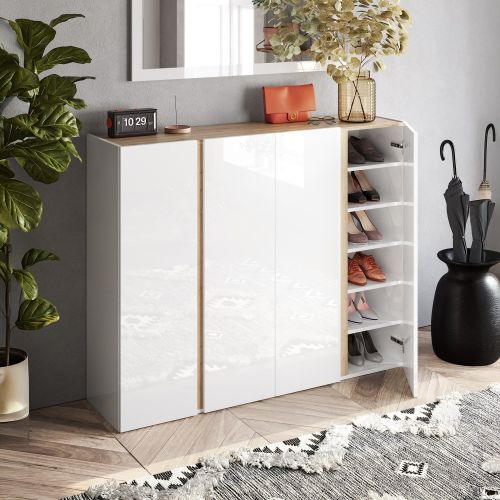 Credenza Bianco Lucido Marrone Rovere 10 Ripiani 12 Vani 140x35x111h cm, 4 Ante - Ghiffa