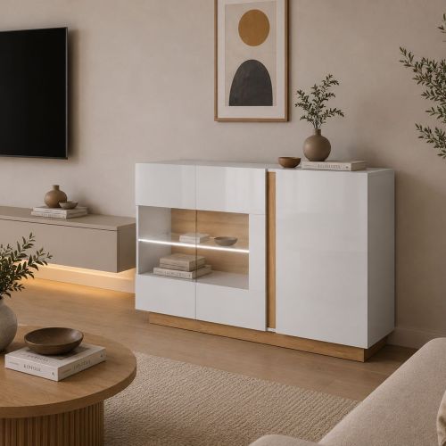 Credenza Bianco Lucido Marrone Rovere 3 Ripiani Apertura Battente 138x40x91h cm, 3 Ante - Haka