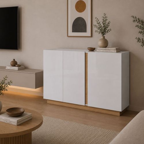 Credenza Bianco Lucido Marrone Rovere 3 Ripiani Apertura Battente 138x40x91h cm, 3 Ante - Hala