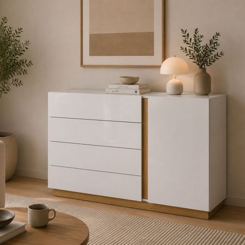 Credenza Bianco Lucido Marrone Rovere 4 Cassetti un Ripiano 138x40x91h cm, Apertura Battente, Scorrevole - Halana