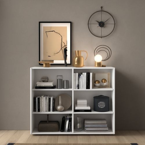 Credenza Bianco Lucido Marrone Rovere 4 Ripiani 6 Vani 121x44x114h cm, 2 Ante - Lucito