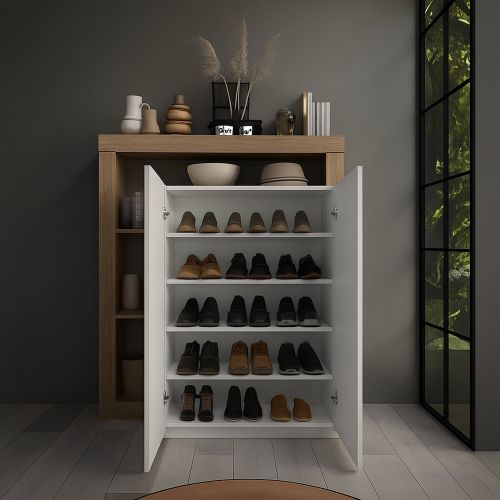 Credenza Bianco Lucido Marrone Rovere 6 Ripiani 9 Vani 109x30x138.5h cm, 2 Ante - Valmorea