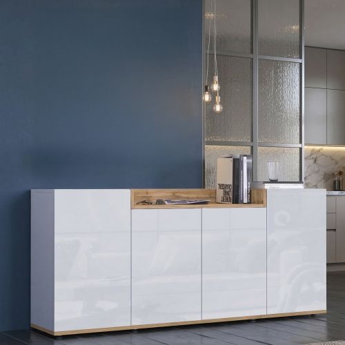 Credenza Bianco Lucido Marrone Rovere 6 Ripiani Apertura Battente 160x35x70h cm, 4 Ante Made in Italy - Swink