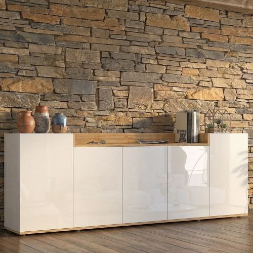 Credenza Bianco Lucido Marrone Rovere 7 Ripiani Apertura Battente 200x35x70h cm, 5 Ante Made in Italy - Cordele