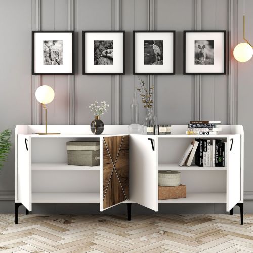 Credenza Bianco Marrone Noce 2 Ripiani 4 Ante 180x35x78h cm, 1 Anta Effetto Legno - Elini