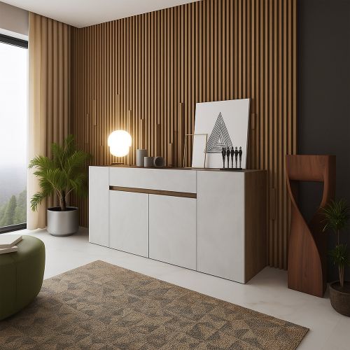 Credenza Bianco Marrone Noce un Cassetto 3 Ripiani 170x40x85h cm, Apertura Battente - Cirimido