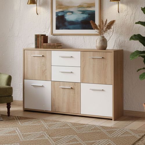 Credenza Bianco Marrone Quercia 2 Cassetti Apertura Battente, Scorrevole 115x30x77h cm, 5 Ante - Pianisi