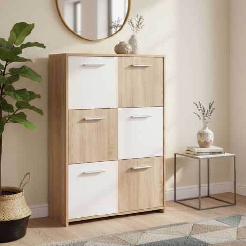 Credenza Bianco Marrone Quercia Apertura Battente 6 Ante 77x30x115h cm, 6 Vani - Dresano