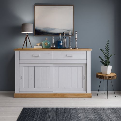 Credenza Bianco Marrone Rovere 2 Cassetti 2 Ripiani 138x50x95h cm, Apertura Scorrevole - Lupara