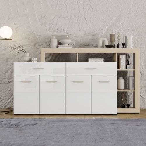 Credenza Bianco Marrone Rovere 2 Cassetti 5 Ripiani 189x42x100h cm, Apertura Battente, Scorrevole - Dovad