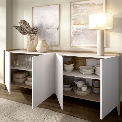 Credenza Bianco Marrone Rovere 2 Ripiani 4 Vani 40x184x78h cm, 4 Ante - Chanute