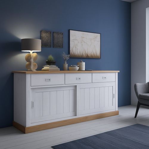 Credenza Bianco Marrone Rovere 3 Cassetti 2 Ripiani 220x50x95h cm, Apertura Scorrevole - Malonno