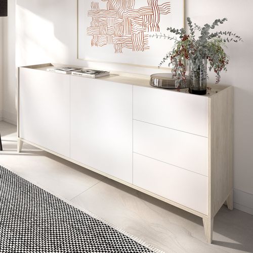 Credenza Bianco Marrone Rovere 3 Cassetti un Ripiano 40x150x78h cm, Apertura Battente, Scorrevole - Cadillac