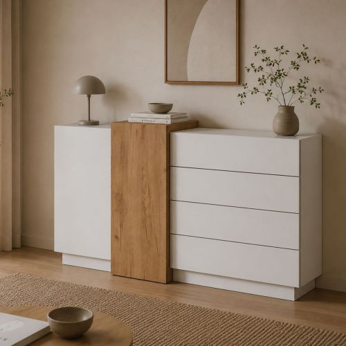 Credenza Bianco Marrone Rovere 4 Cassetti 2 Ripiani 160x45x94h cm, Apertura Battente, Scorrevole - Hadarari