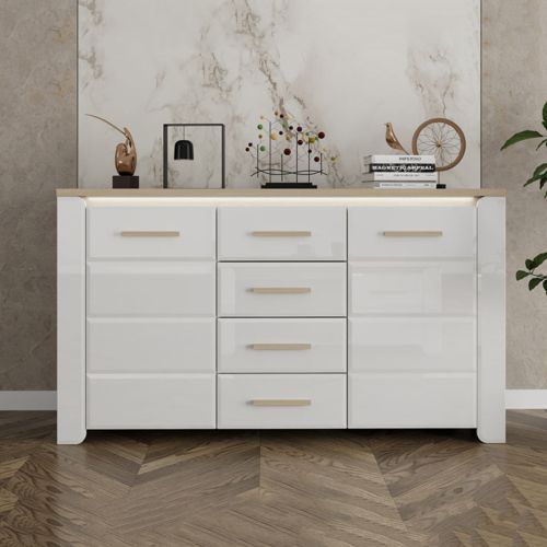 Credenza Bianco Marrone Rovere 4 Cassetti 3 Ripiani 154x41x88h cm, Apertura Battente, Scorrevole - Barone