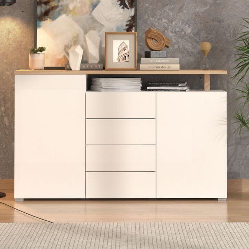 Credenza Bianco Marrone Rovere 4 Cassetti 4 Ripiani 154x40x94h cm, Apertura Battente e Scorrevole - Levate
