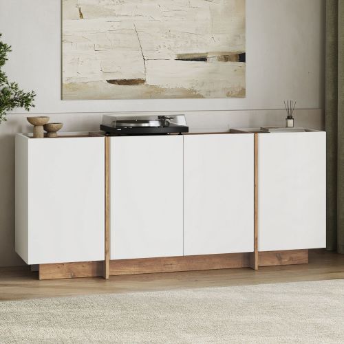 Credenza Bianco Marrone Rovere 4 Ripiani 4 Ante 180x45x80h cm, 8 Vani - Nolona