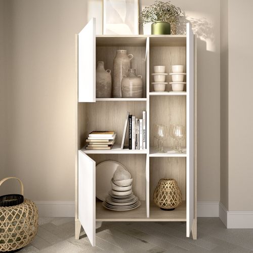 Credenza Bianco Marrone Rovere 4 Ripiani 6 Vani 43x81x138h cm, 3 Ante - Cleburne