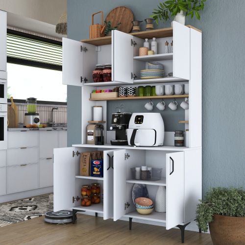 Credenza Bianco Marrone Rovere 4 Ripiani 8 Vani 120x40x187h cm, 8 Ante - Legnaro