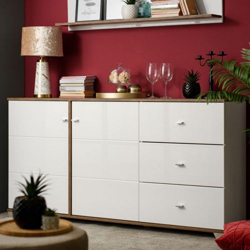 Credenza Bianco Marrone Rovere Nodi 3 Cassetti 2 Ripiani 162x40x85h cm, Apertura Battente e Scorrevole - Ete