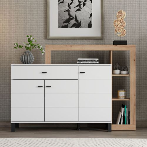 Credenza Bianco Marrone Rovere Nodi 5 Ripiani un Cassetto 145x35x101h cm, 3 Ante - Piriap