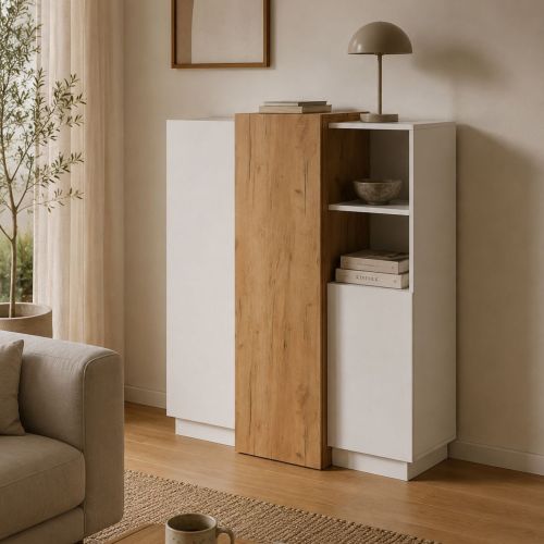 Credenza Bianco Marrone Rovere Nodi 8 Ripiani Apertura Battente 100x45x134h cm, 3 Ante - Gasima