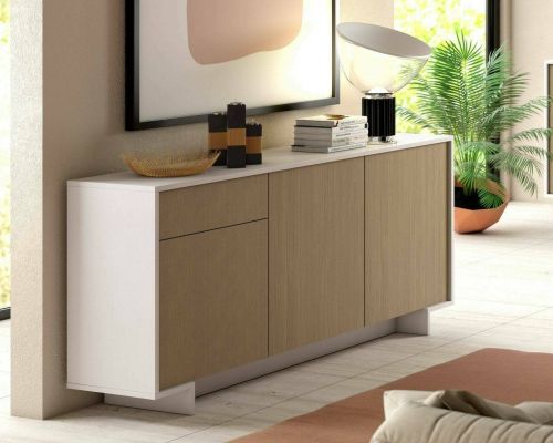 Credenza Bianco Marrone Rovere un Cassetto 2 Ripiani 170x42x78h cm, Apertura Push Pull Made in Italy - Aronne