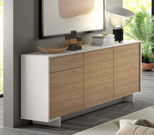 Credenza Bianco Marrone Rovere un Cassetto 2 Ripiani 170x42x78h cm, Apertura Push Pull Made in Italy - Aronne