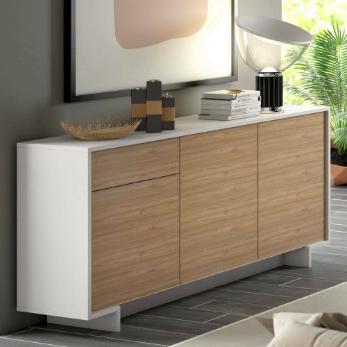 Credenza Bianco Marrone Rovere un Cassetto 2 Ripiani 170x42x78h cm, Apertura Push Pull Made in Italy - Aronne