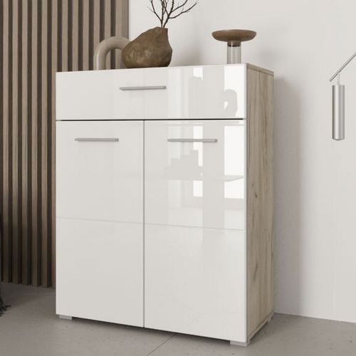 Credenza Bianco Marrone Rovere un Cassetto 2 Ripiani 79x35x97.5h cm, Apertura Battente e Scorrevole - Verduno