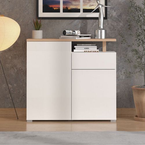 Credenza Bianco Marrone Rovere un Cassetto 4 Ripiani 102.5x40x94h cm, Apertura Battente e Scorrevole - Levate