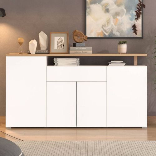 Credenza Bianco Marrone Rovere un Cassetto 5 Ripiani 179.5x40x94h cm, Apertura Battente e Scorrevole - Levate