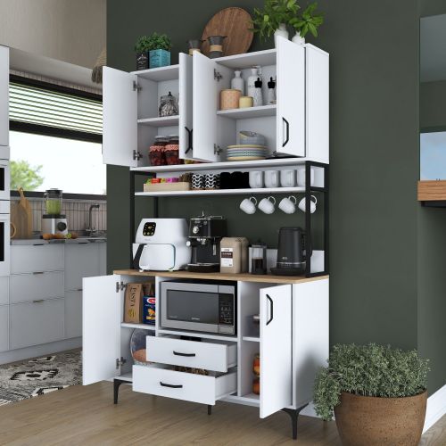 Credenza Bianco Nero 2 Cassetti 5 Ripiani 120x38x199h cm, Apertura Battente, Scorrevole - Mairago