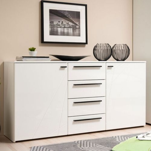 Credenza Bianco Nero 2 Ripiani 4 Cassetti 163x40x80.5h cm, 2 Ante - Maropati