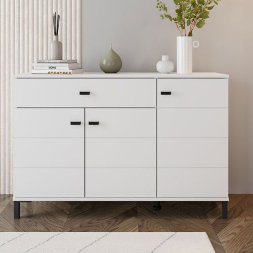 Credenza Bianco Nero 2 Ripiani un Cassetto 116x35x78h cm, 3 Ante - Djanet