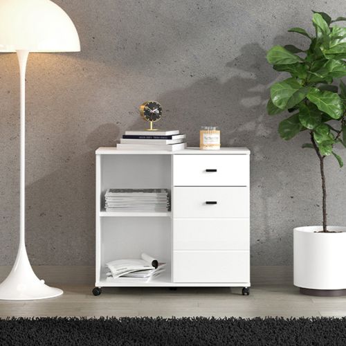 Credenza Bianco Nero 2 Ripiani un Cassetto 77x35x72h cm, Un'anta - Majuli