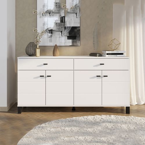 Credenza Bianco Nero 3 Ripiani 2 Cassetti 154x35x78h cm, 4 Ante - Barich