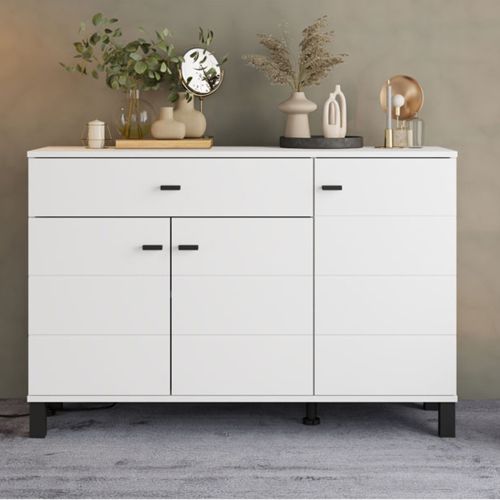 Credenza Bianco Nero 3 Ripiani un Cassetto 116x35x78h cm, 3 Ante - Uyuni