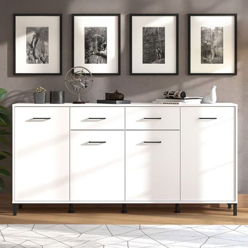 Credenza Bianco Nero 4 Ripiani 2 Cassetti 182.5x40x90h cm, 4 Ante - Grondona