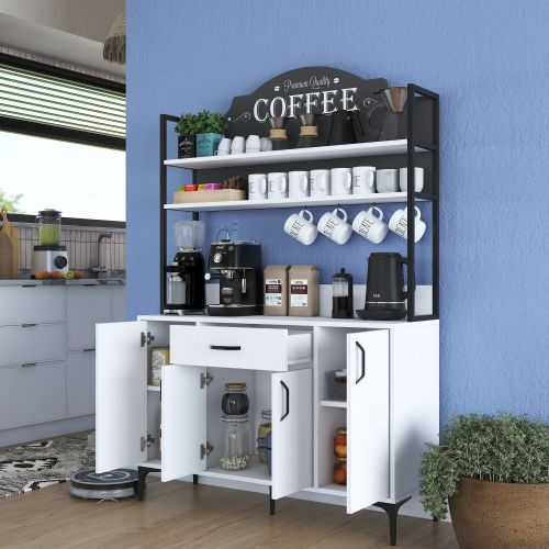 Credenza Bianco Nero 4 Ripiani un Cassetto 120x40x184h cm, 4 Ante - Camino