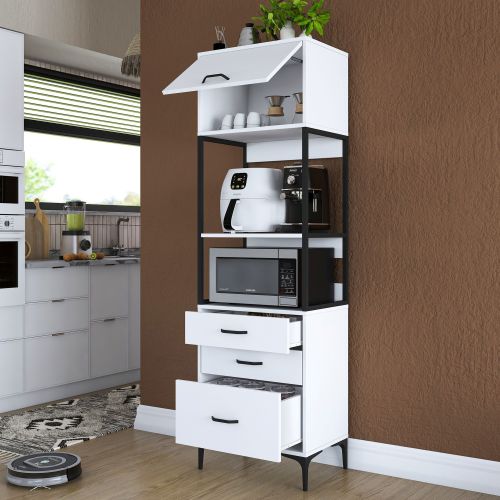 Credenza Bianco Nero un Ripiano 3 Cassetti 60x40x199h cm, Un'anta - Capua