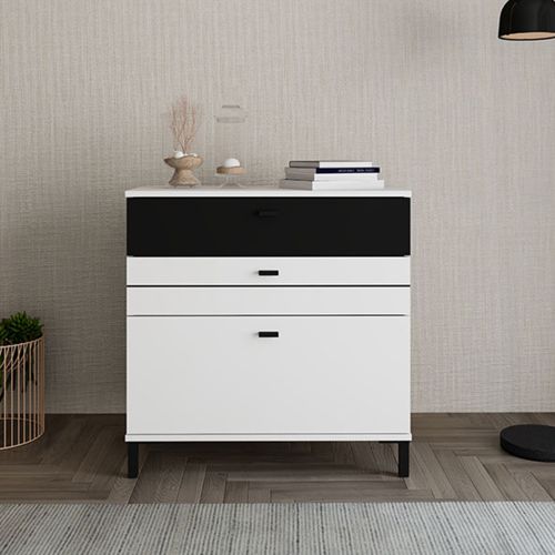Credenza Bianco Nero un Ripiano 3 Cassetti 77x35x78h cm, 3 Vani - Diani