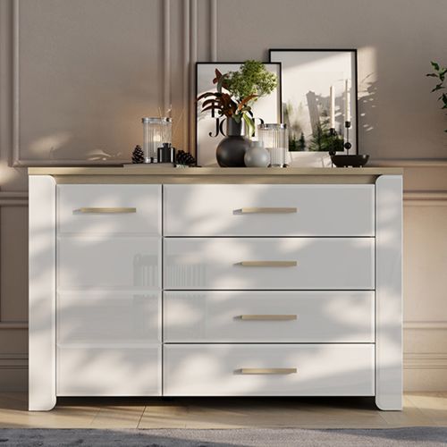 Credenza Bianco Opaco Marrone Rovere 2 Ripiani 4 Cassetti 135x40x88h cm, Un'anta - Bicheno