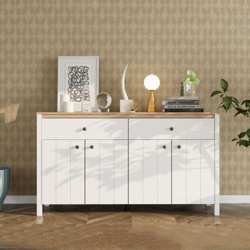 Credenza Bianco Opaco Marrone Rovere 3 Ripiani 2 Cassetti 163x40x92h cm, 4 Ante - Belve