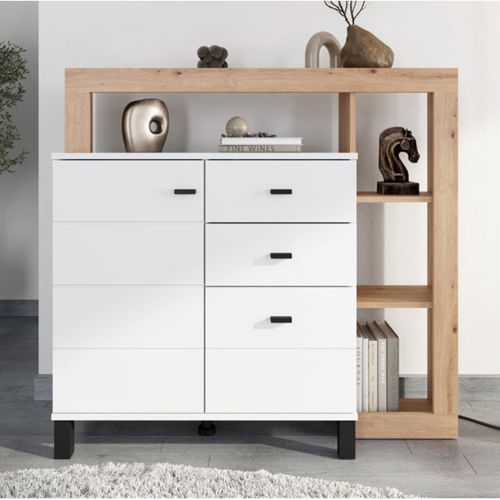 Credenza Bianco Opaco Marrone Rovere 4 Ripiani 3 Cassetti 106x35x101h cm, Un'anta - Coloni