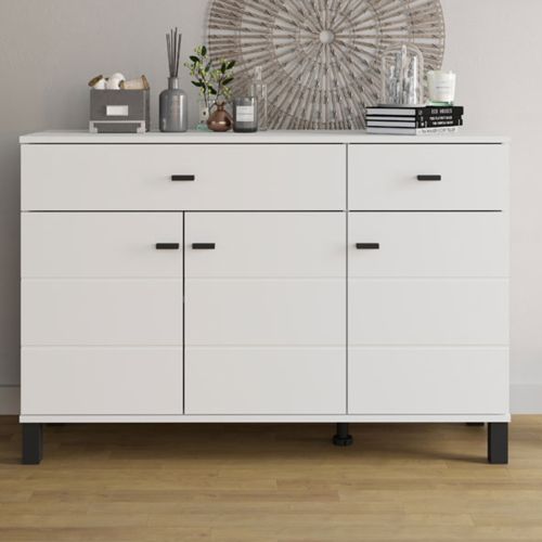 Credenza Bianco Opaco Nero 2 Cassetti 3 Ripiani 116x35x78h cm, Apertura Battente, Scorrevole - Jerico
