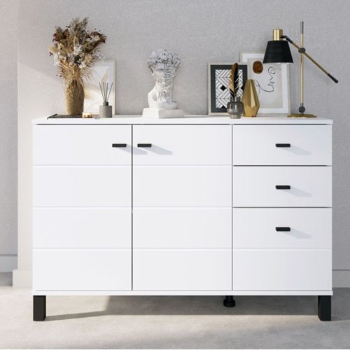 Credenza Bianco Opaco Nero 3 Cassetti 2 Ripiani 116x35x78h cm, Apertura Battente, Scorrevole - Guatav