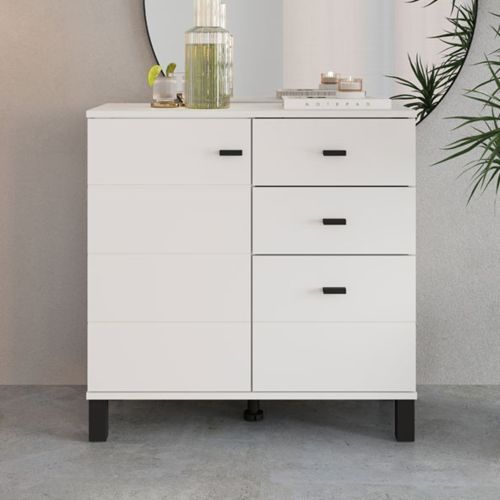 Credenza Bianco Opaco Nero 3 Cassetti 2 Ripiani 77x35x78h cm, Apertura Battente, Scorrevole - Ollant